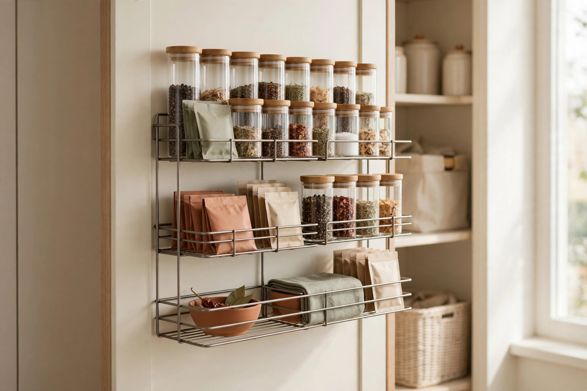 Pantry door fitted with a wire rack organizer holding spices