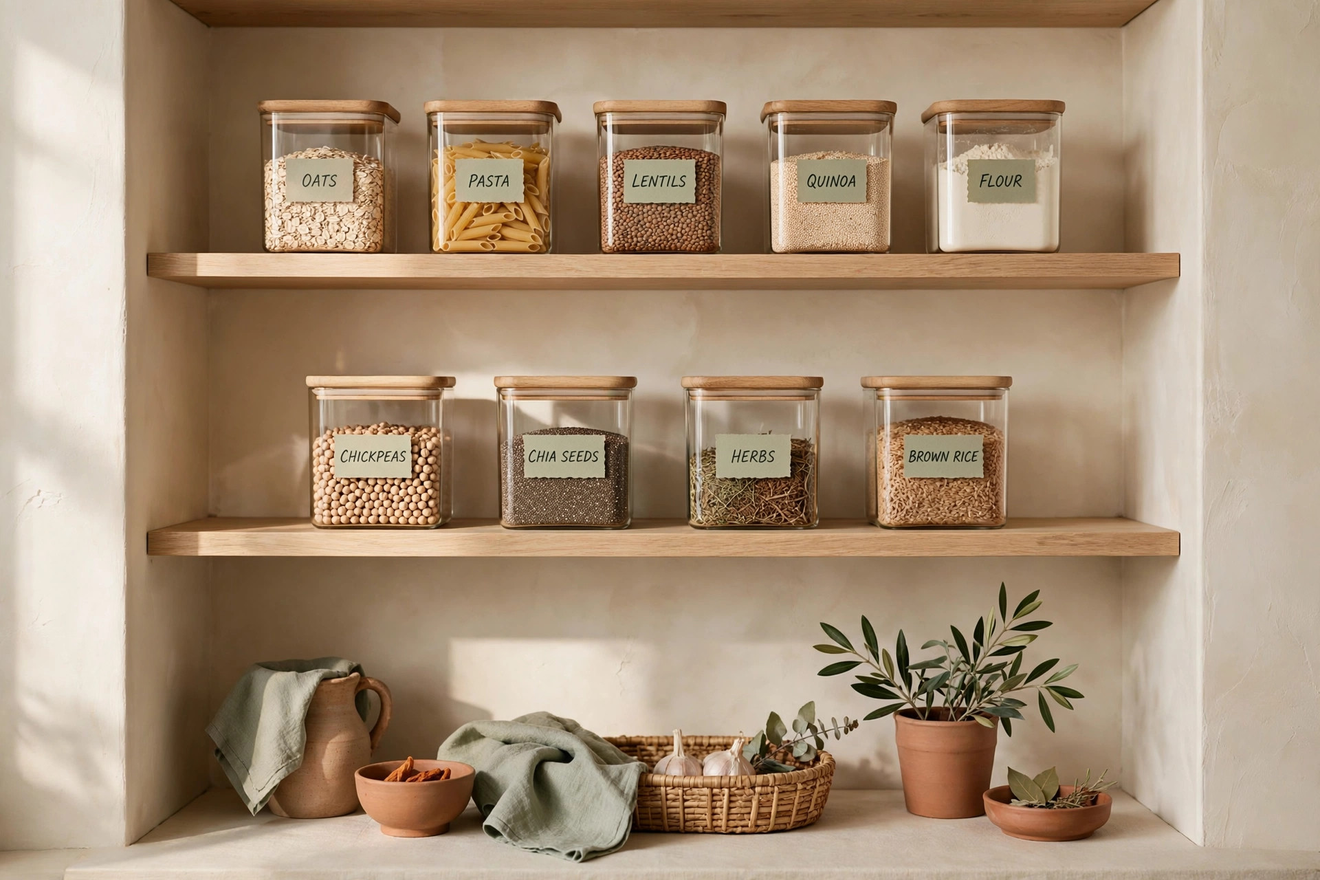 Organized small apartment pantry with uniform glass containers on wooden shelves