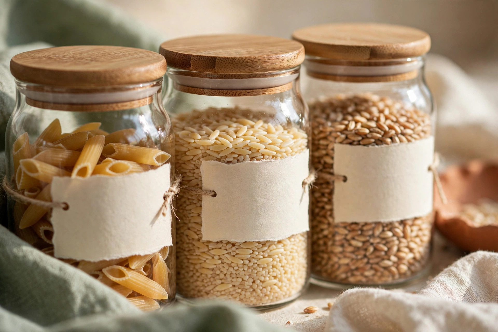 Close-up of uniform glass pantry jars with bamboo lids and labels