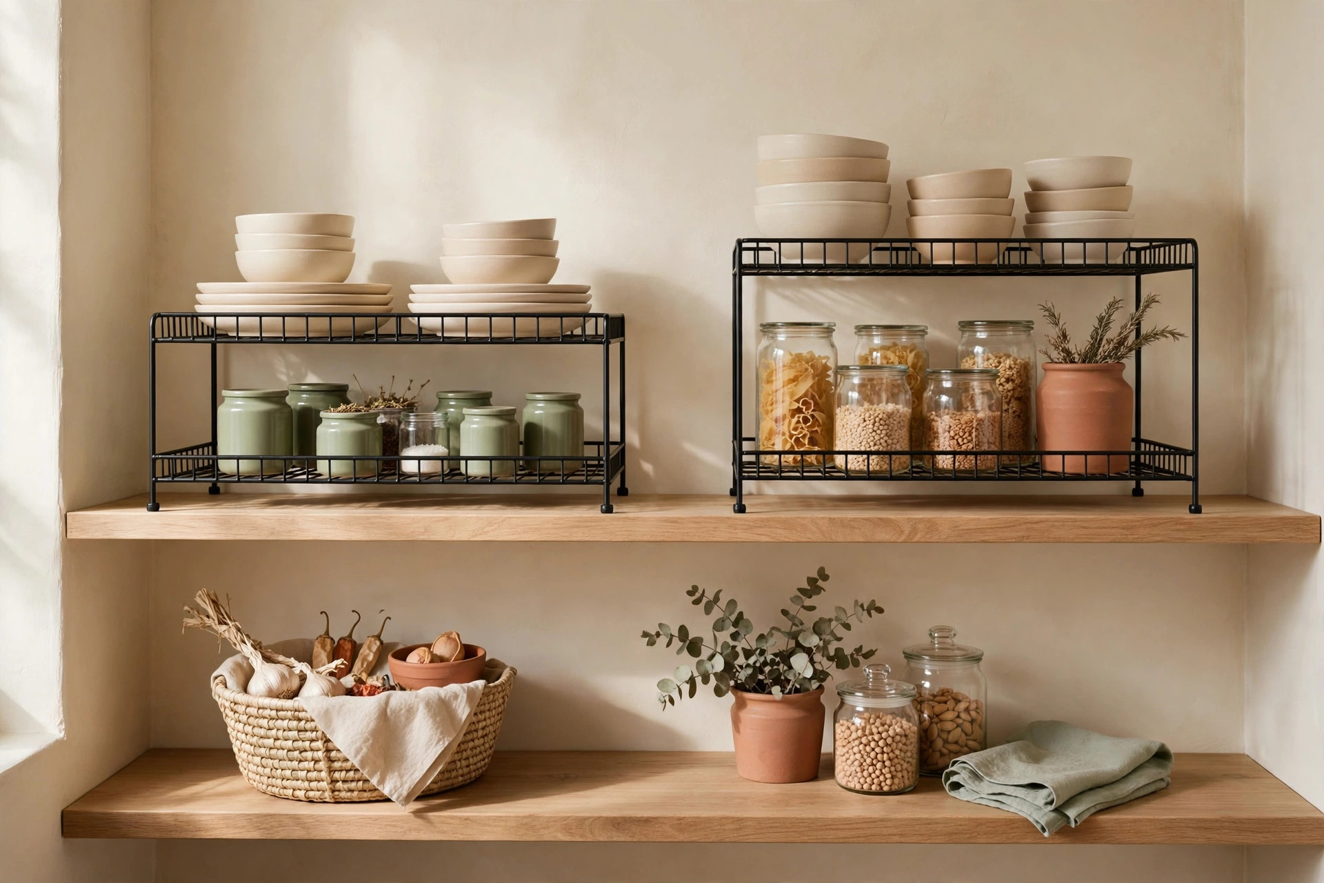 Pantry shelves with risers creating double layers of jars and dishes