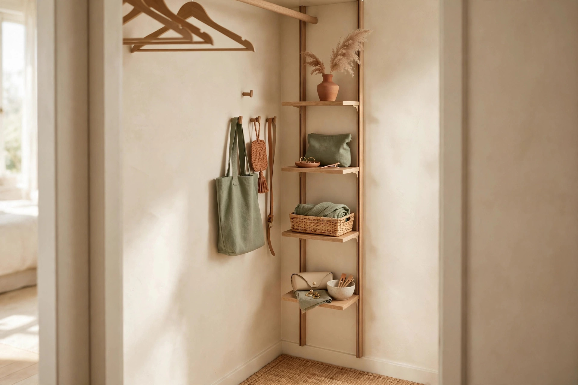 The side wall of a small reach-in closet with a slim corner shelf holding rolled scarves, a belt organizer, and handbags on hooks