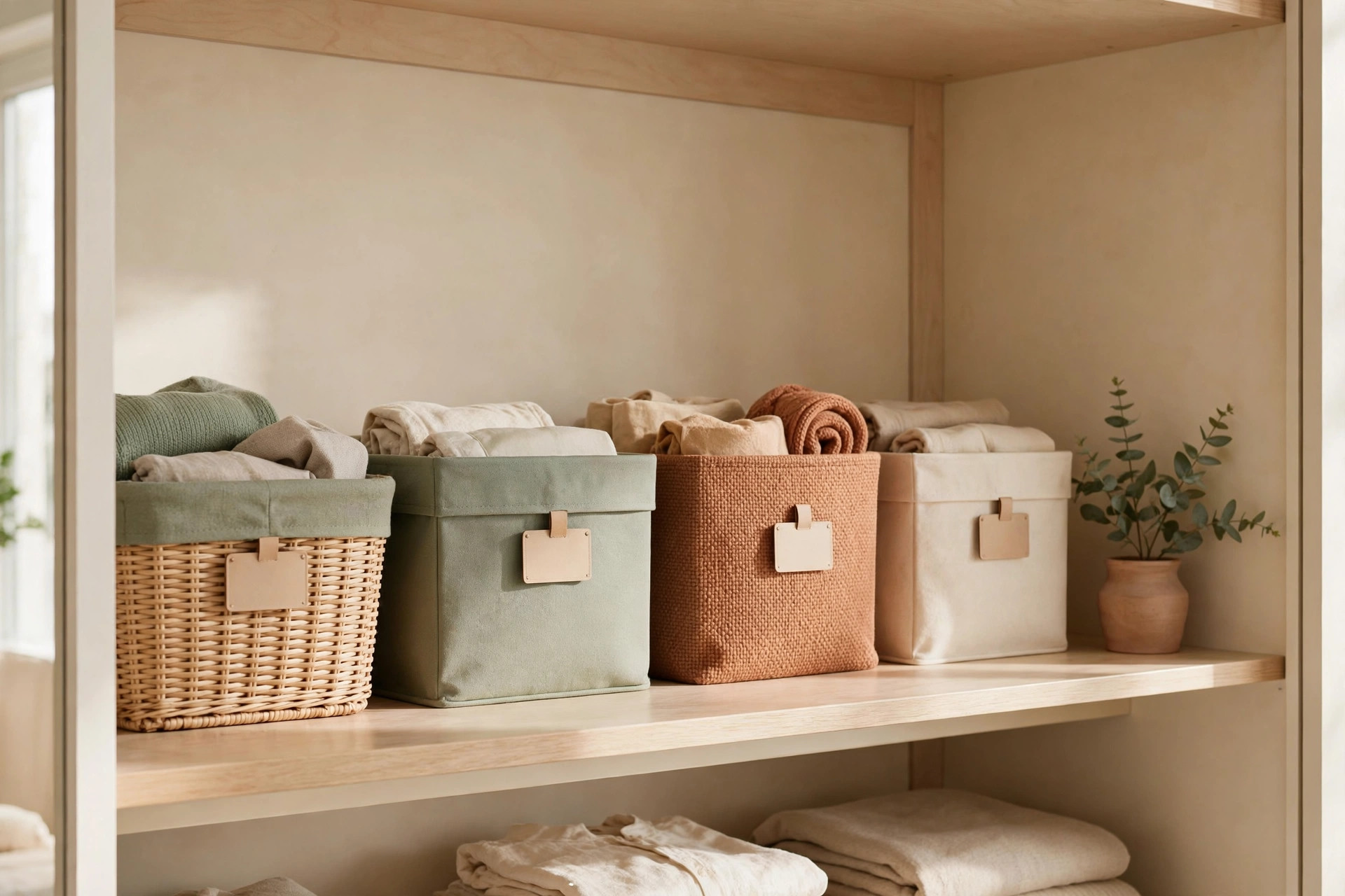 Labeled seasonal storage bins on a closet’s top shelf, marked by season, with winter coats folded inside clear bins
