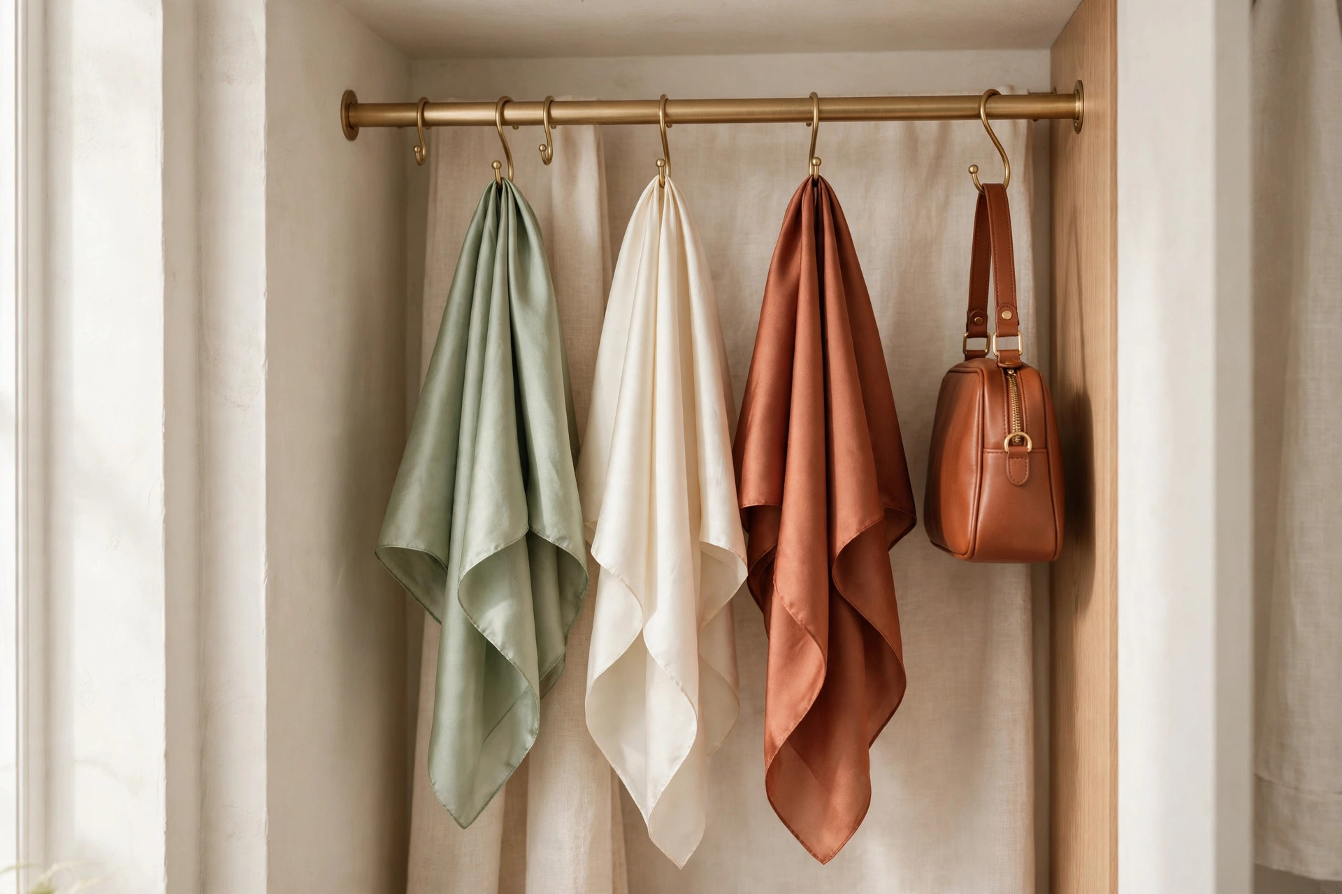 Tension rod mounted inside a closet nook holding neatly folded scarves and light accessories