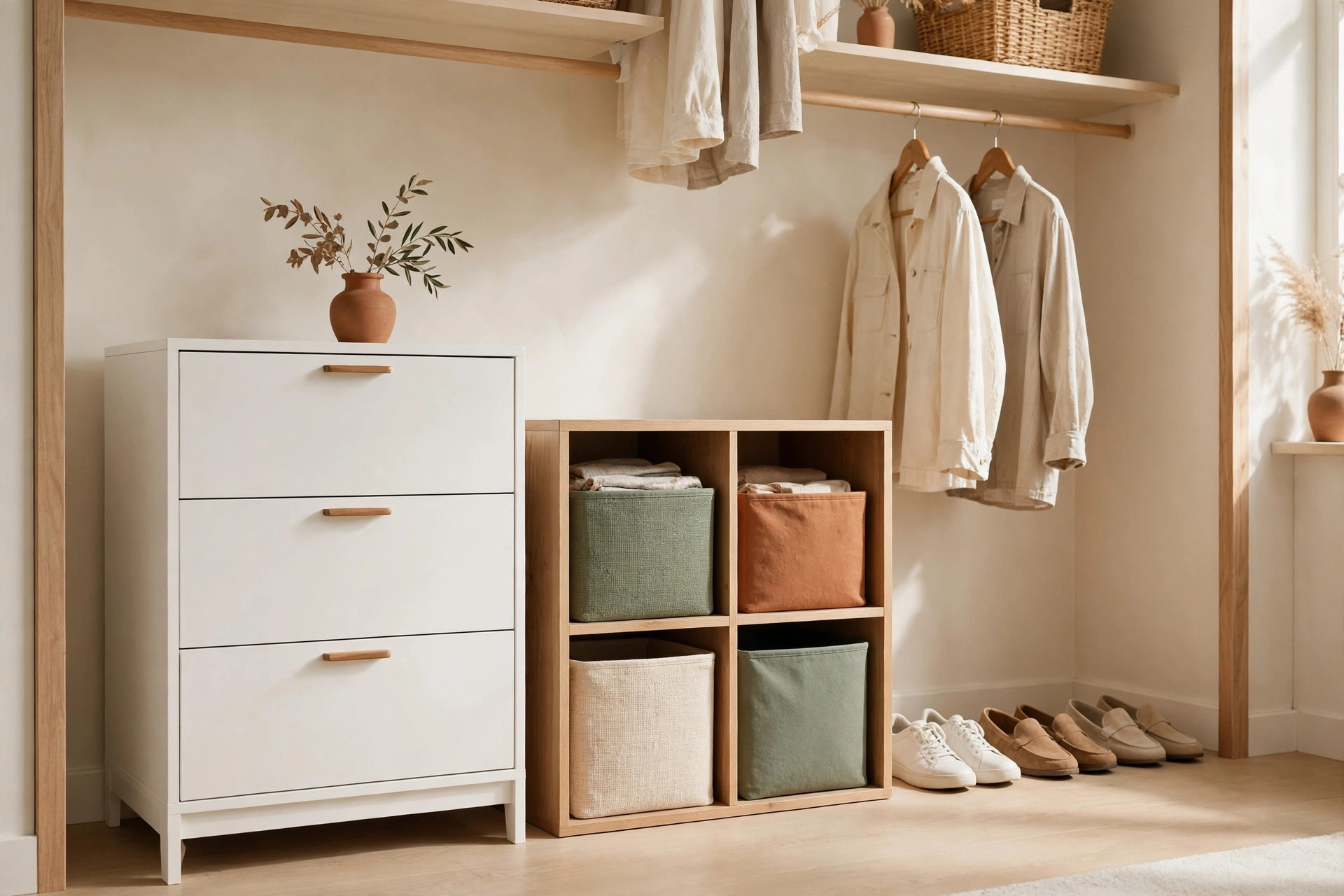 Freestanding cube storage unit on a closet floor with fabric bins holding folded clothes and shoes