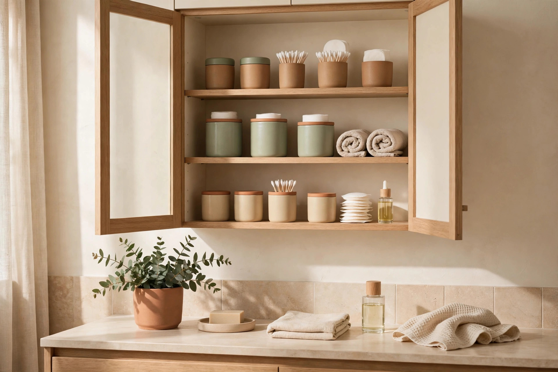 Minimal bathroom shelf with only daily essentials after decluttering