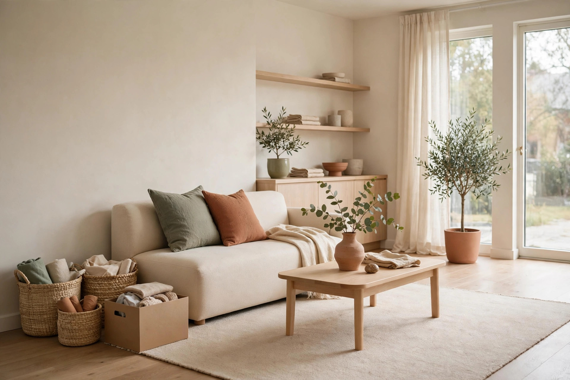 Bright living room corner with neat baskets and hooks showing a decluttered entryway zone