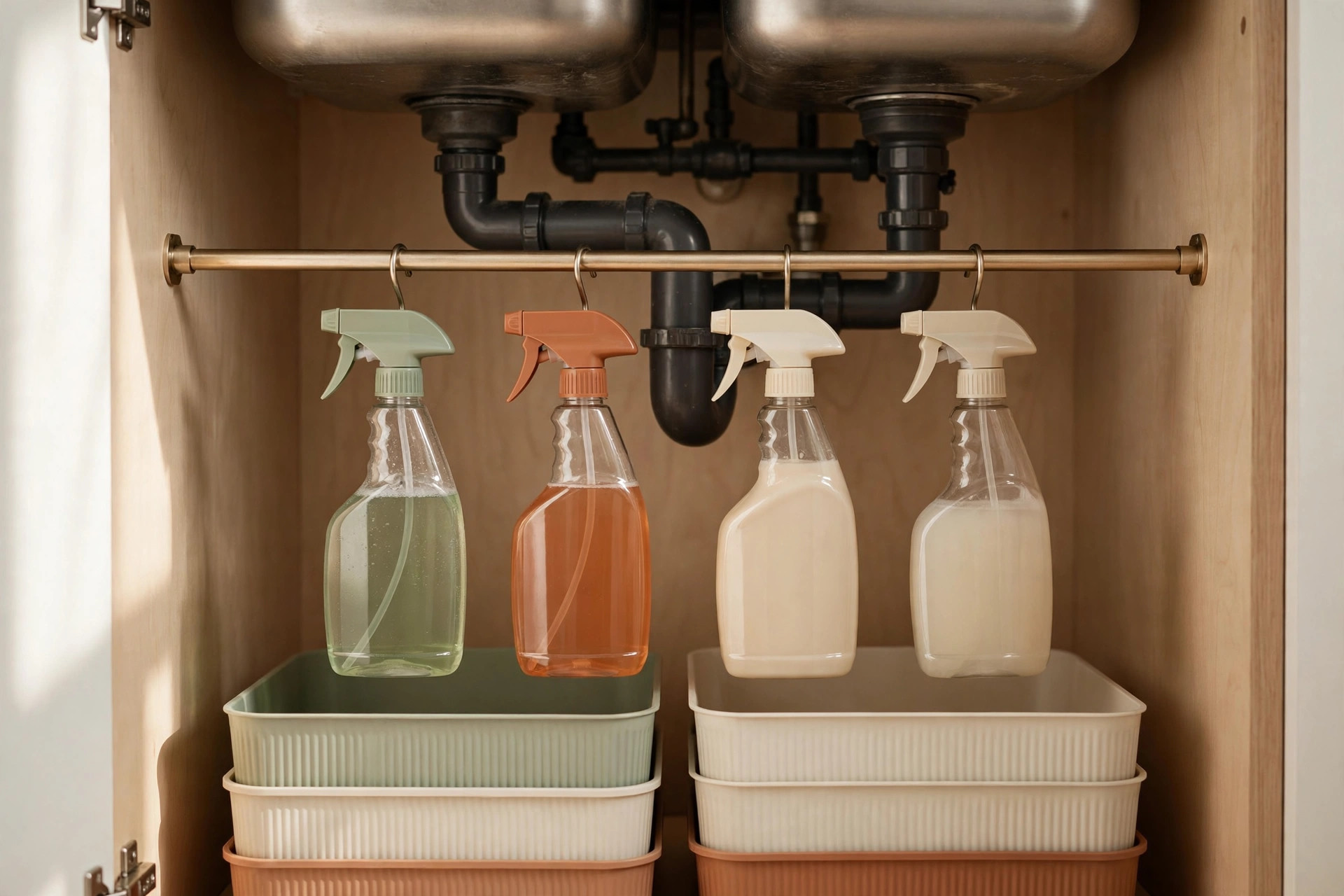 Stackable bins and a two-tier pull-out basket organized around under sink pipes