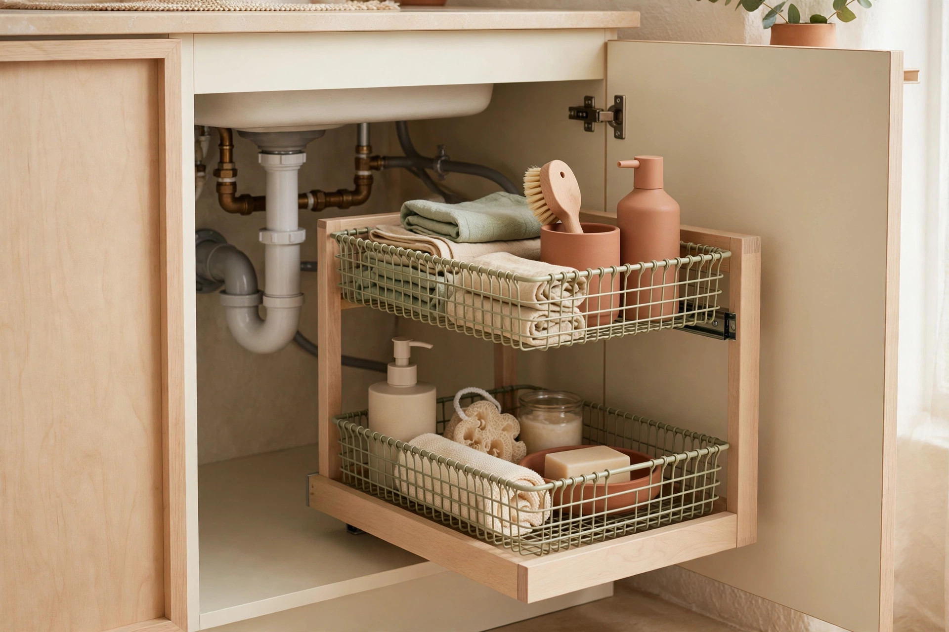 Hands wiping down the cabinet floor during a monthly under-sink maintenance check