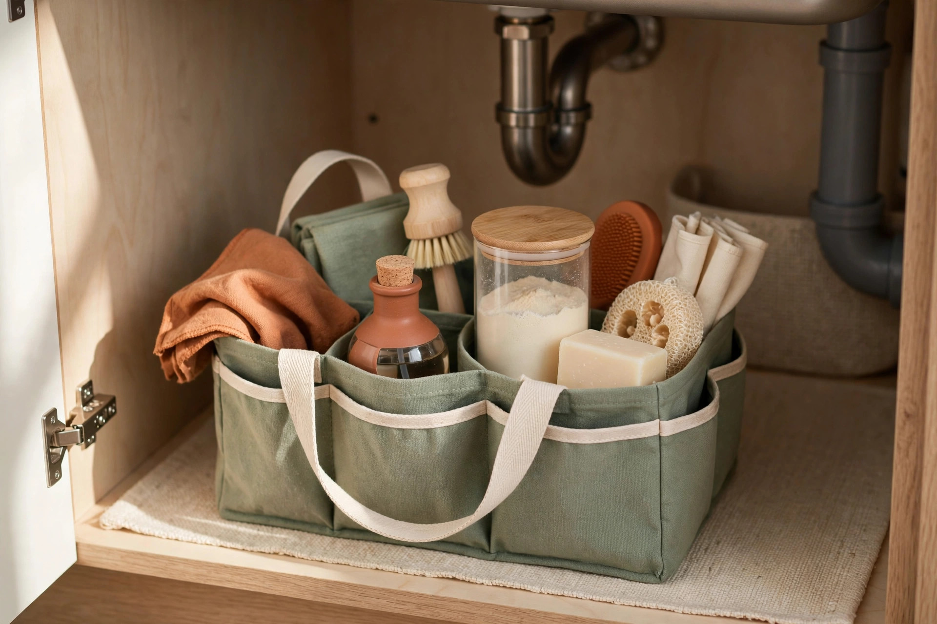 A cleaning caddy with spray bottle, sponge, and cloth ready to grab