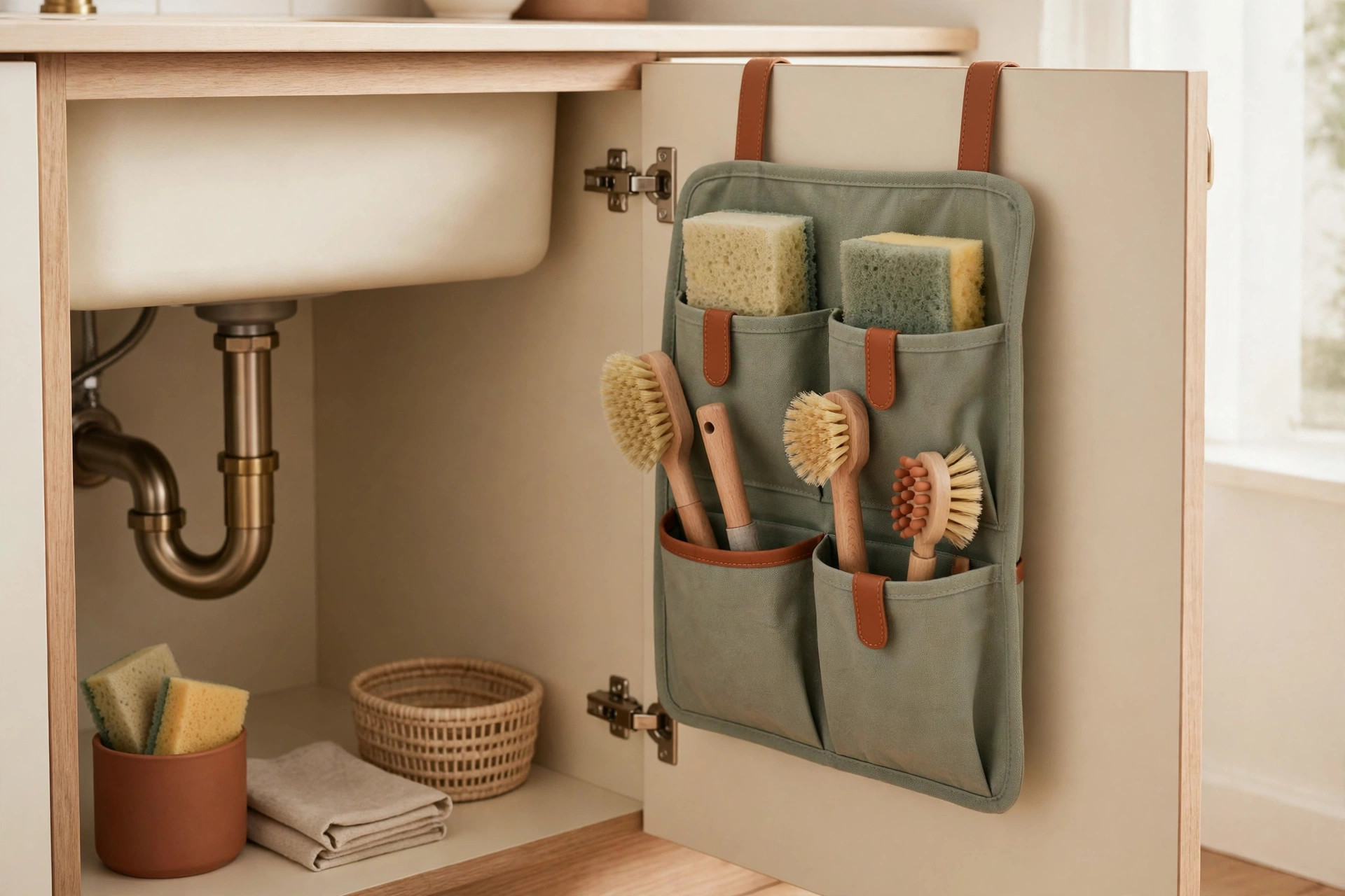 Door-mounted basket and hooks holding sponges and brushes on a cabinet door