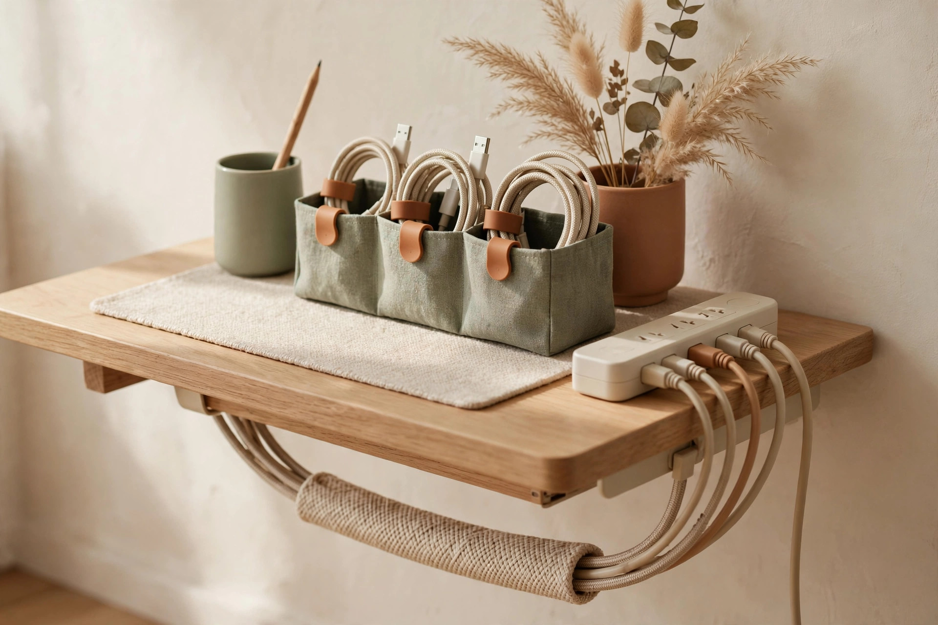 Close-up of a tidy desk with cable organizers and neatly routed cords