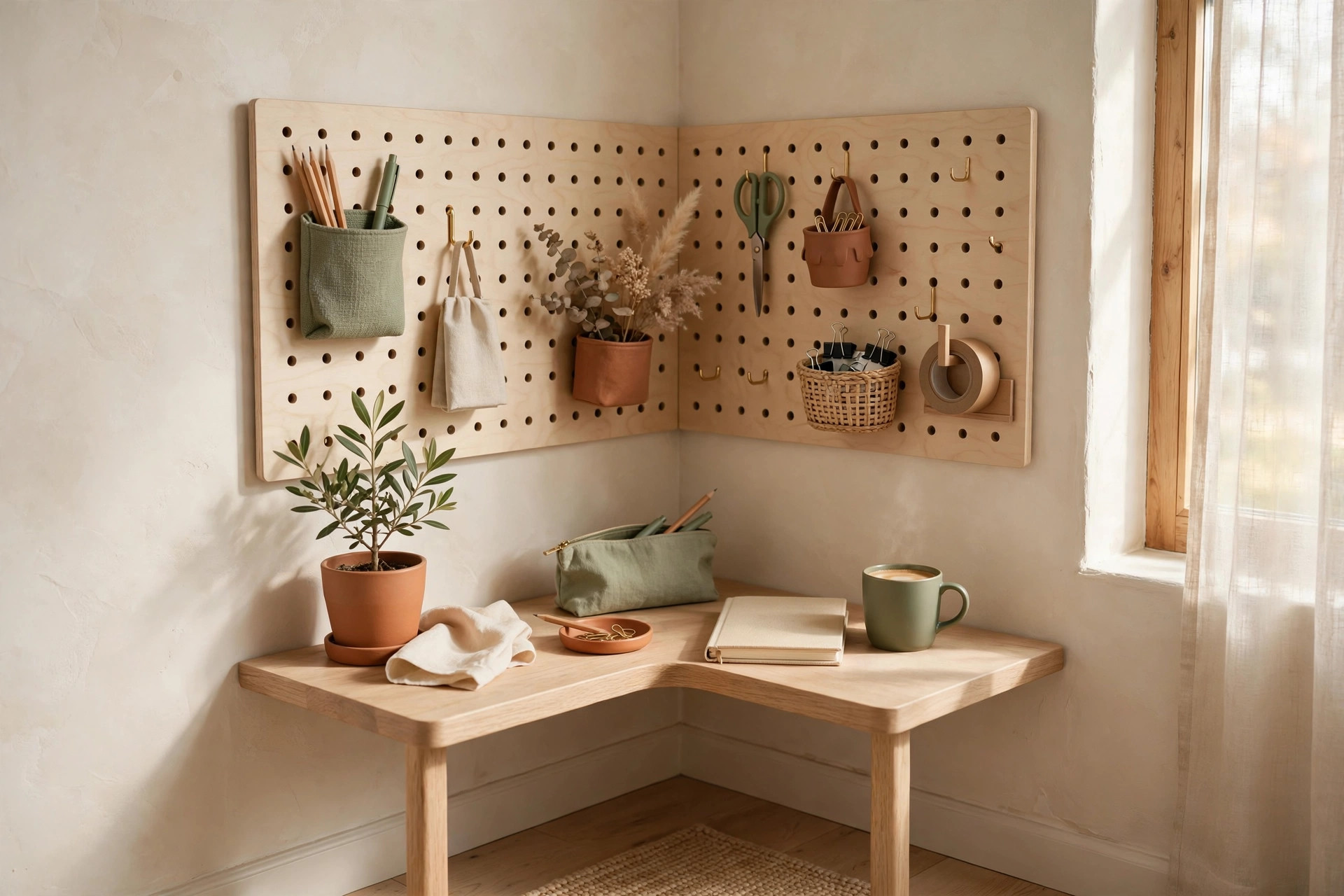 Pegboard wall organizer mounted above a small corner desk with neatly arranged supplies
