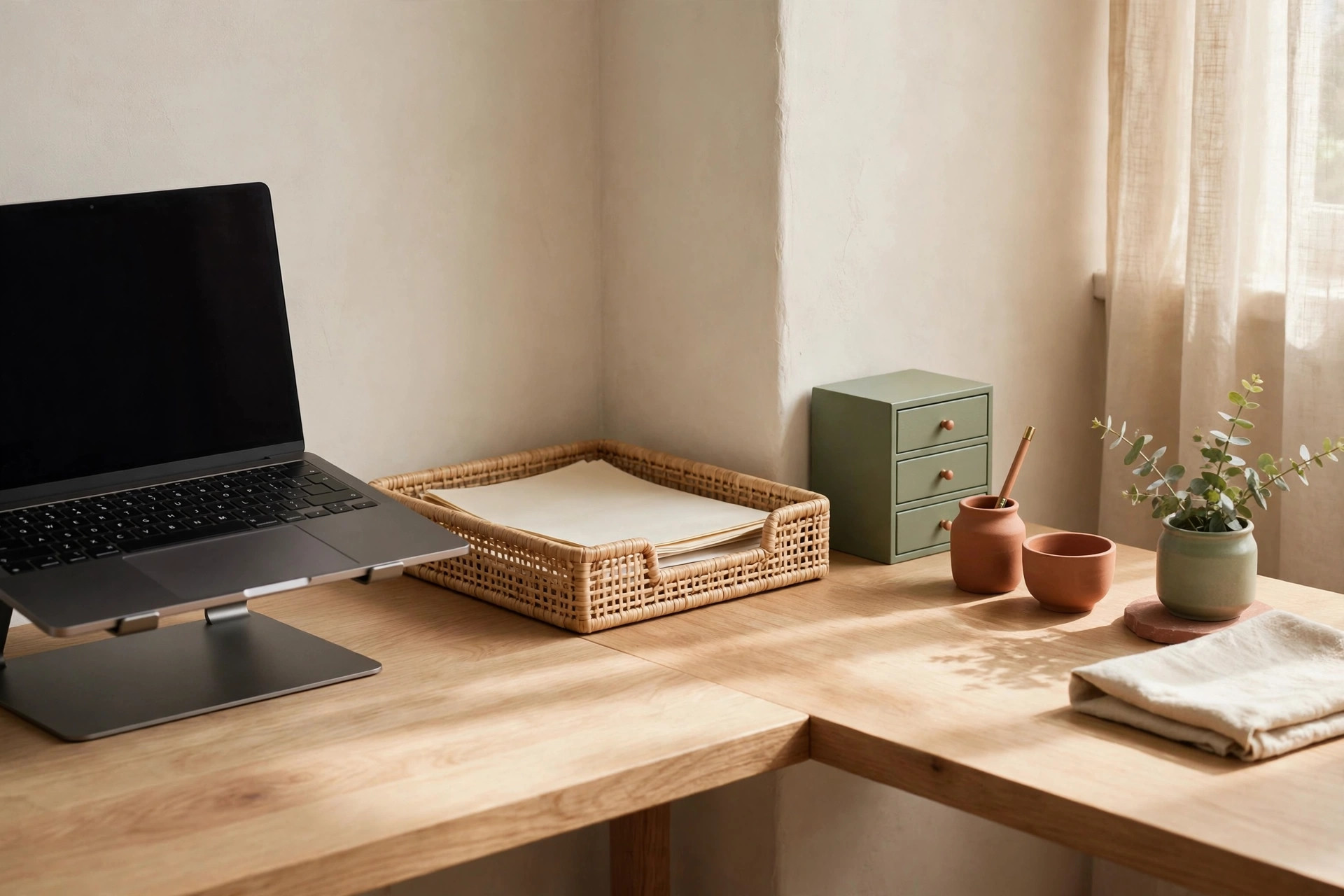 Detail shot of a tidy corner desk divided into zones: laptop, document tray, and small drawer unit