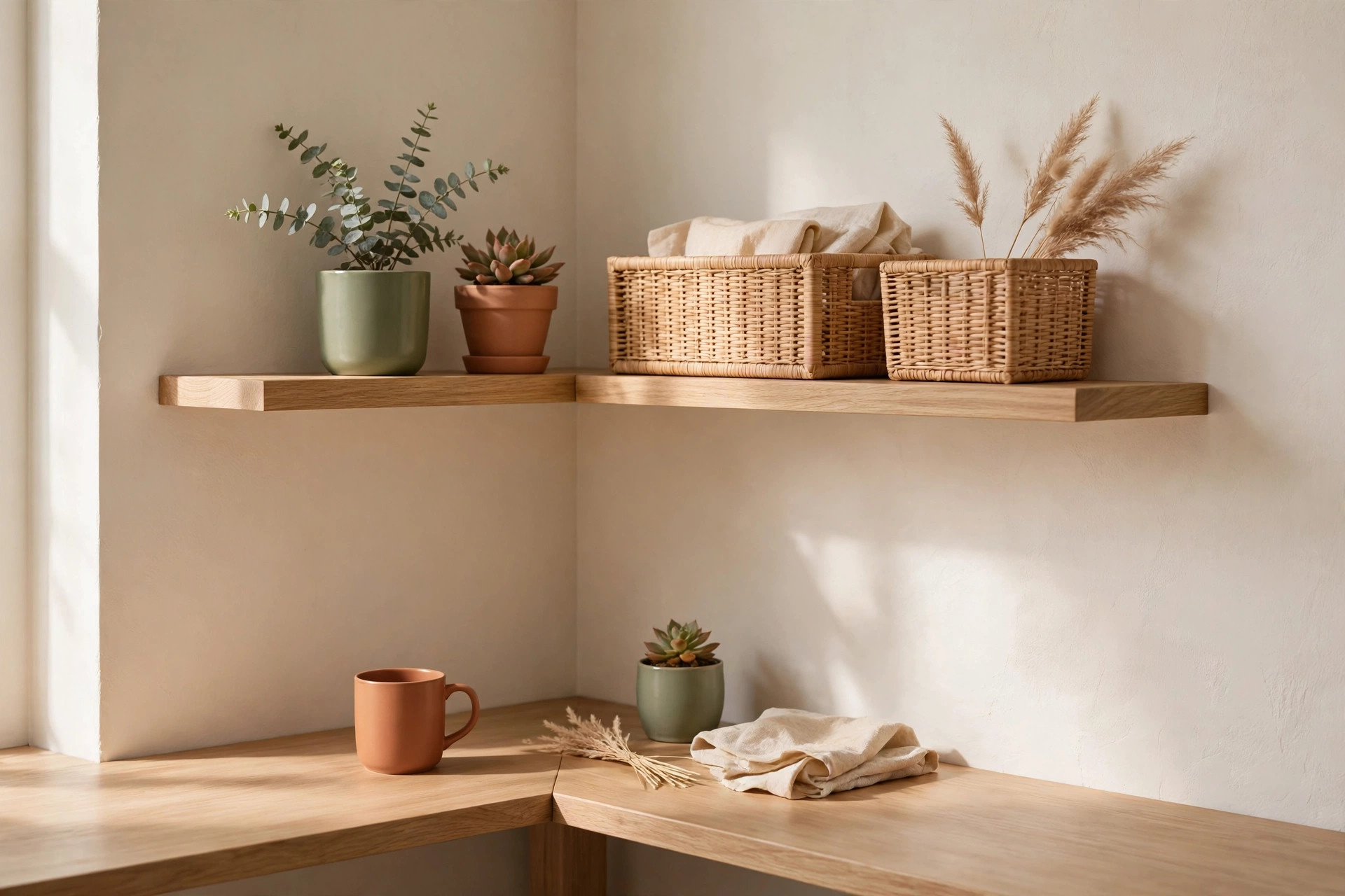 Wall shelf with labeled storage bins mounted above a small corner desk