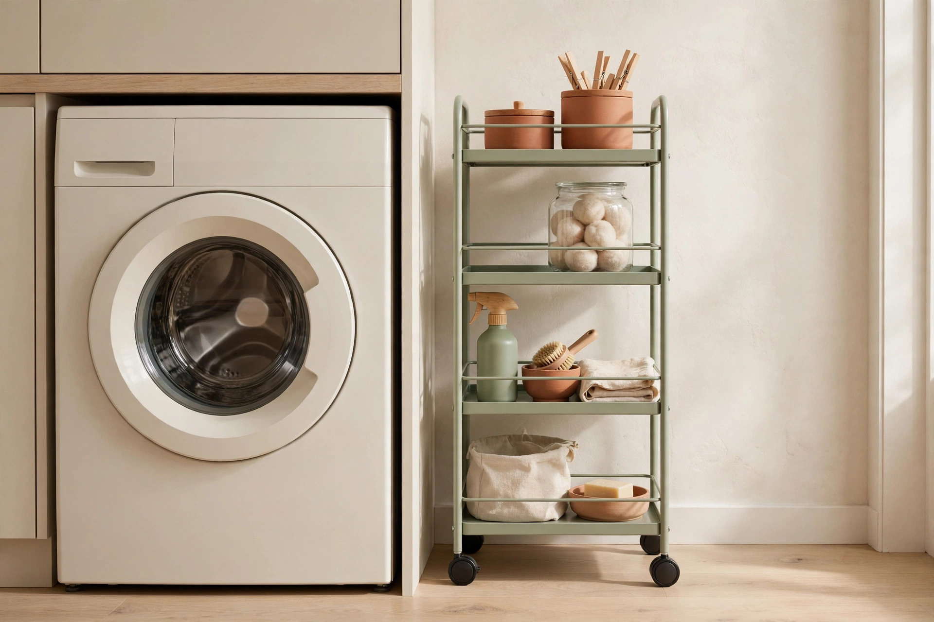 Stacked washer and dryer in a tiny laundry closet with slim shelves of decanted detergent bottles above and a narrow rolling cart beside the machines