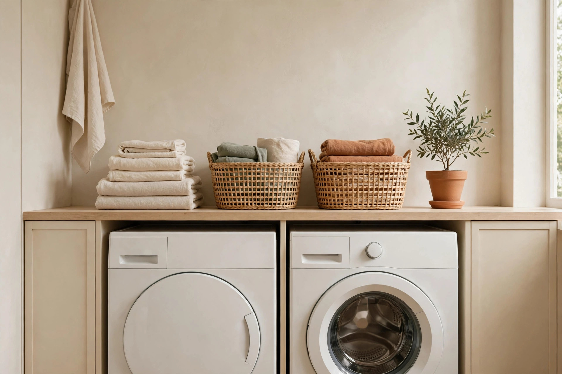 Slim white rolling cart pulled from the gap beside a washer, with detergent, dryer sheets, and stain remover organized on three tiers