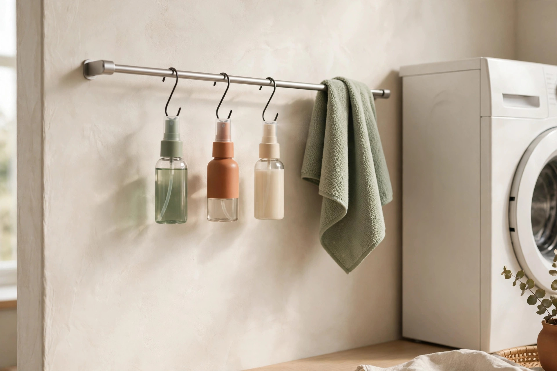 Retractable clothesline extended across a small laundry closet with delicates hanging to dry and a folded rack stored flat on the wall