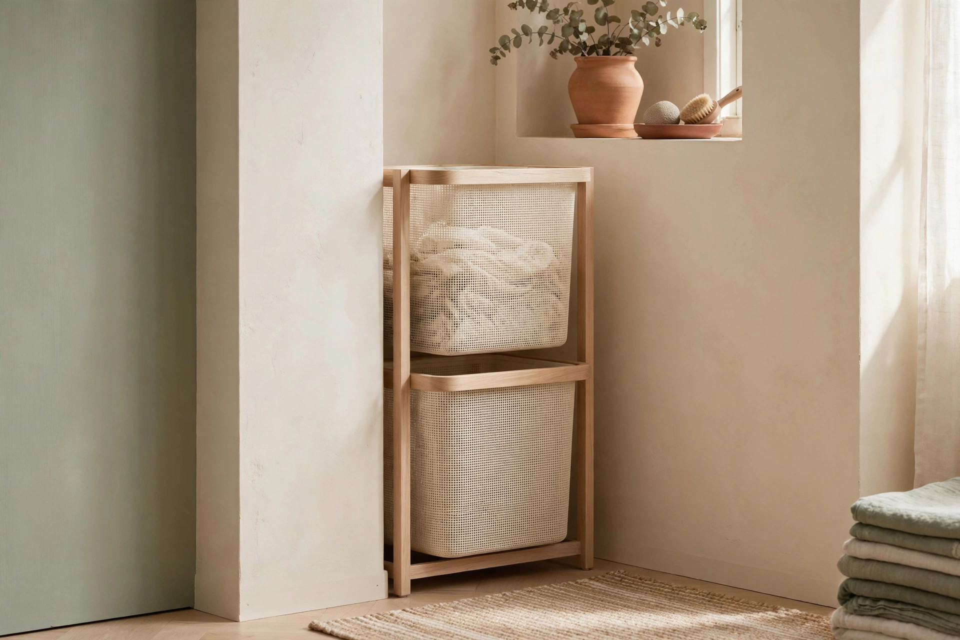 Small laundry closet with a linen curtain on a tension rod drawn aside, bifold doors open, revealing organized shelves and a slim hamper