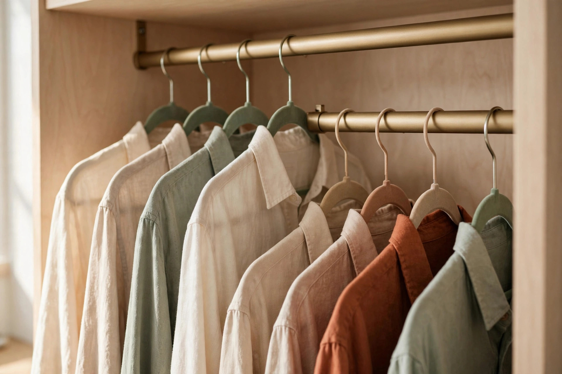 A double-hang rod setup in a small reach-in closet with shirts on the upper rod and folded pants on the lower rod, all on slim matching hangers