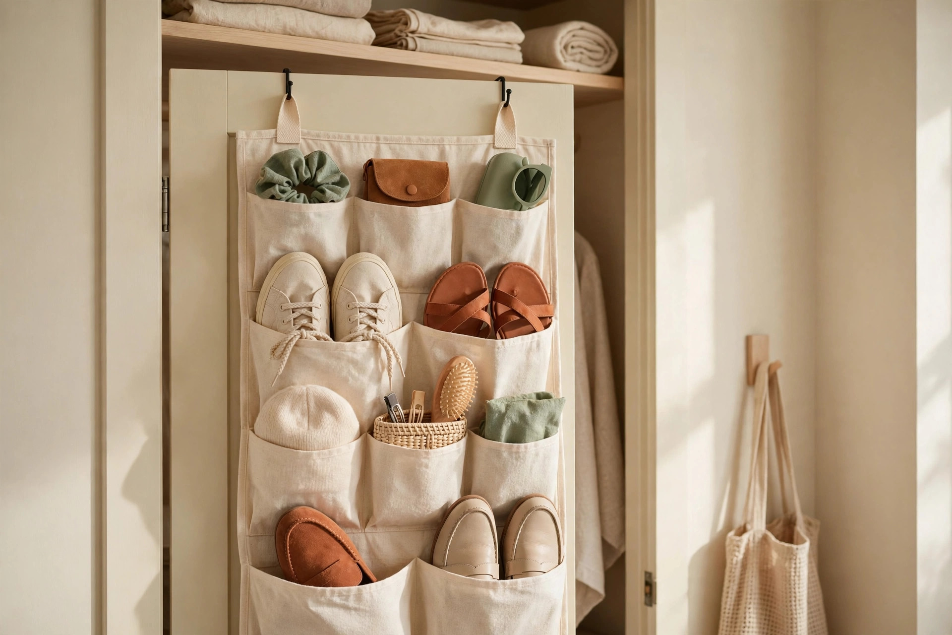 The inside of a closet door with a clear-pocket organizer holding accessories, plus hooks for an outfit and a belt rack