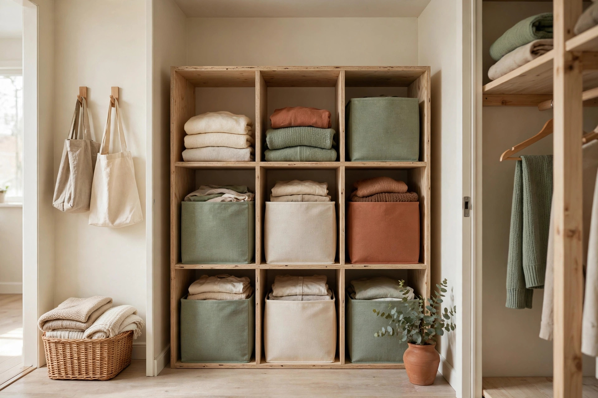 Small walk-in closet divided into labeled hanging, folding, shoe, and accessory zones