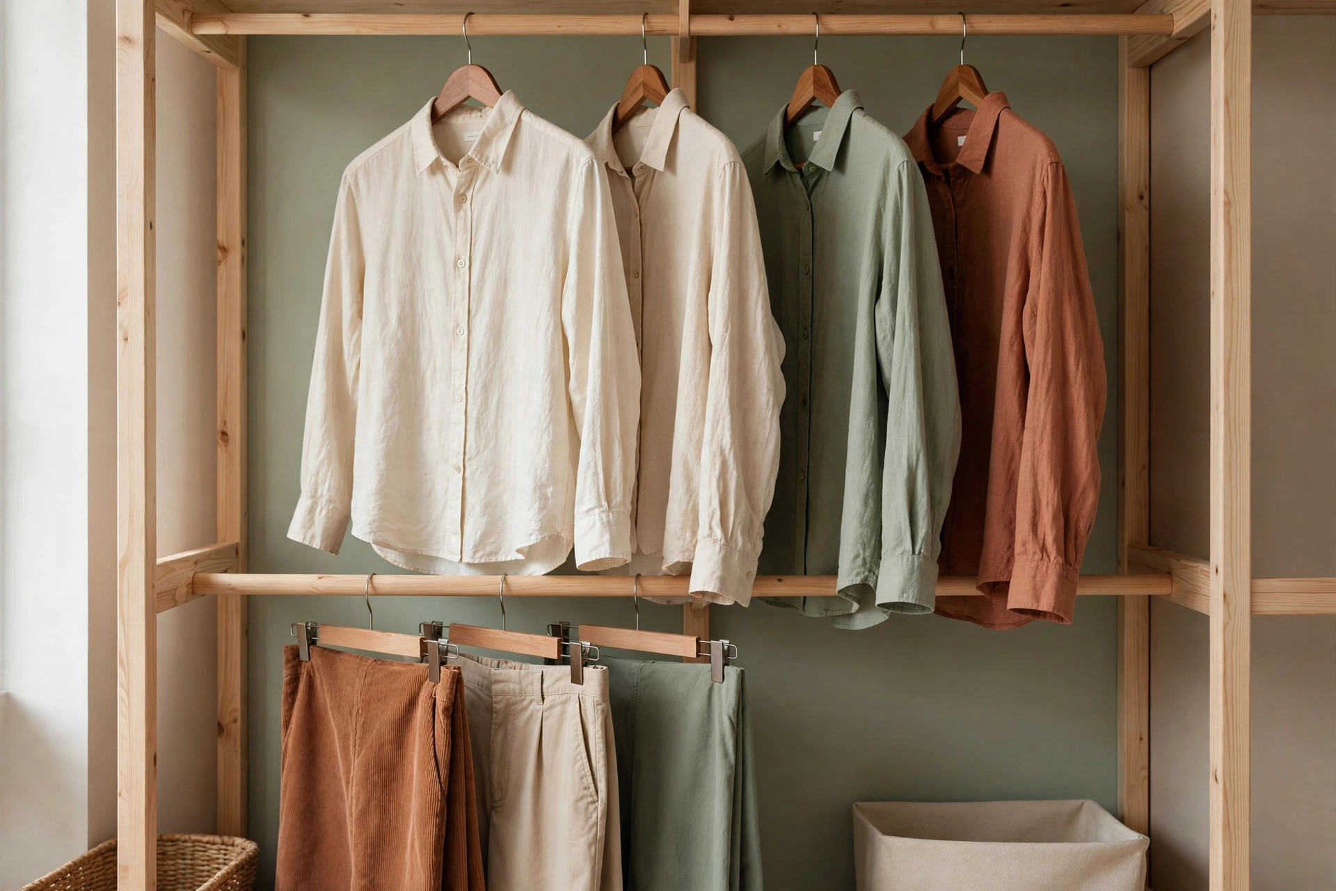 Shoes arranged in a neat two-tier rack under the hanging rod in a small walk-in closet