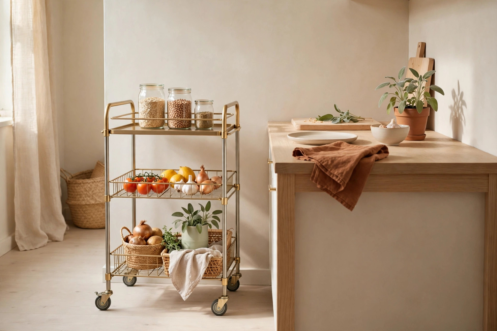 Three-tier rolling cart used as a mobile pantry in a studio kitchen