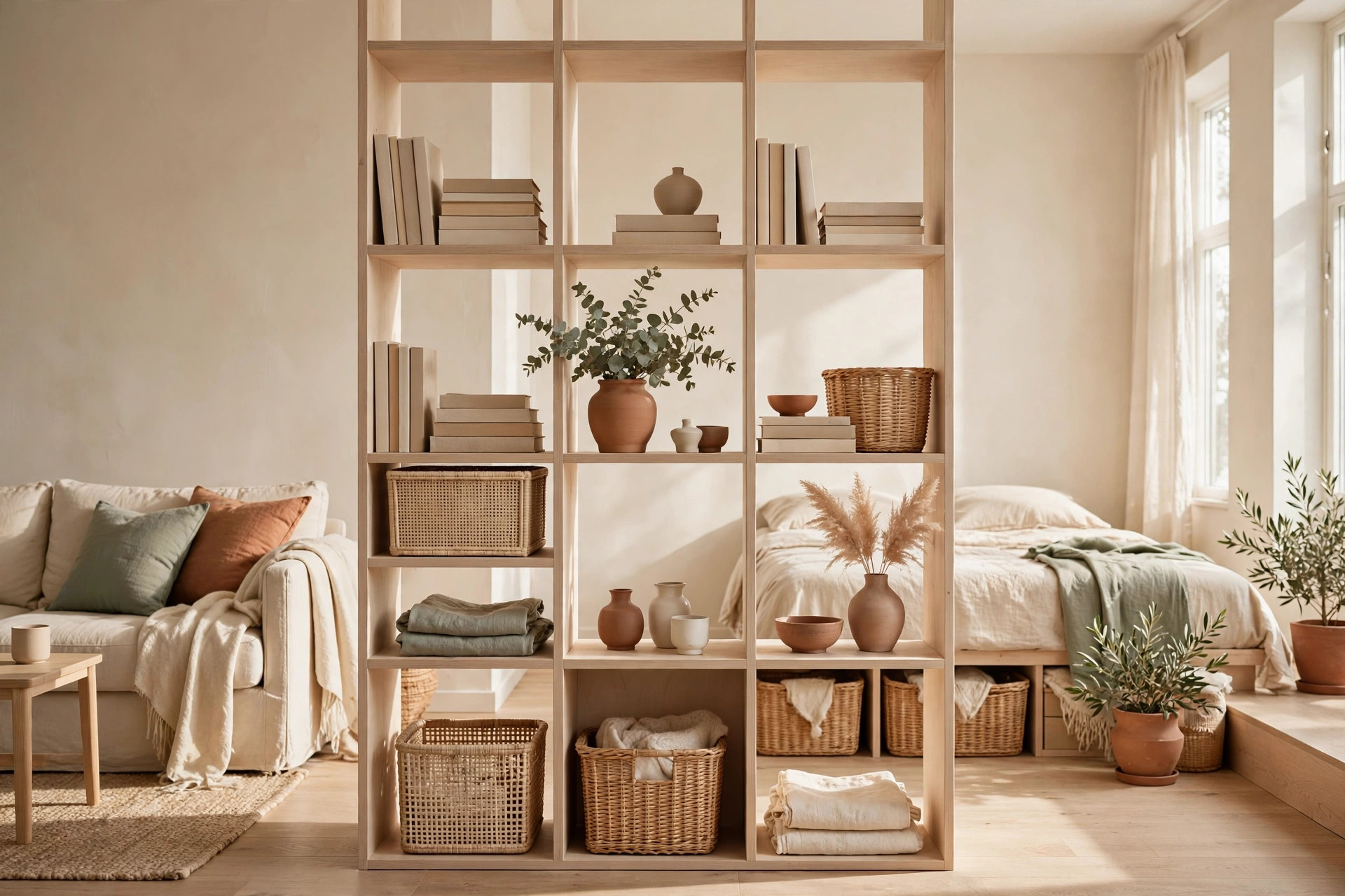 Cube shelving unit used as a room divider in a studio apartment