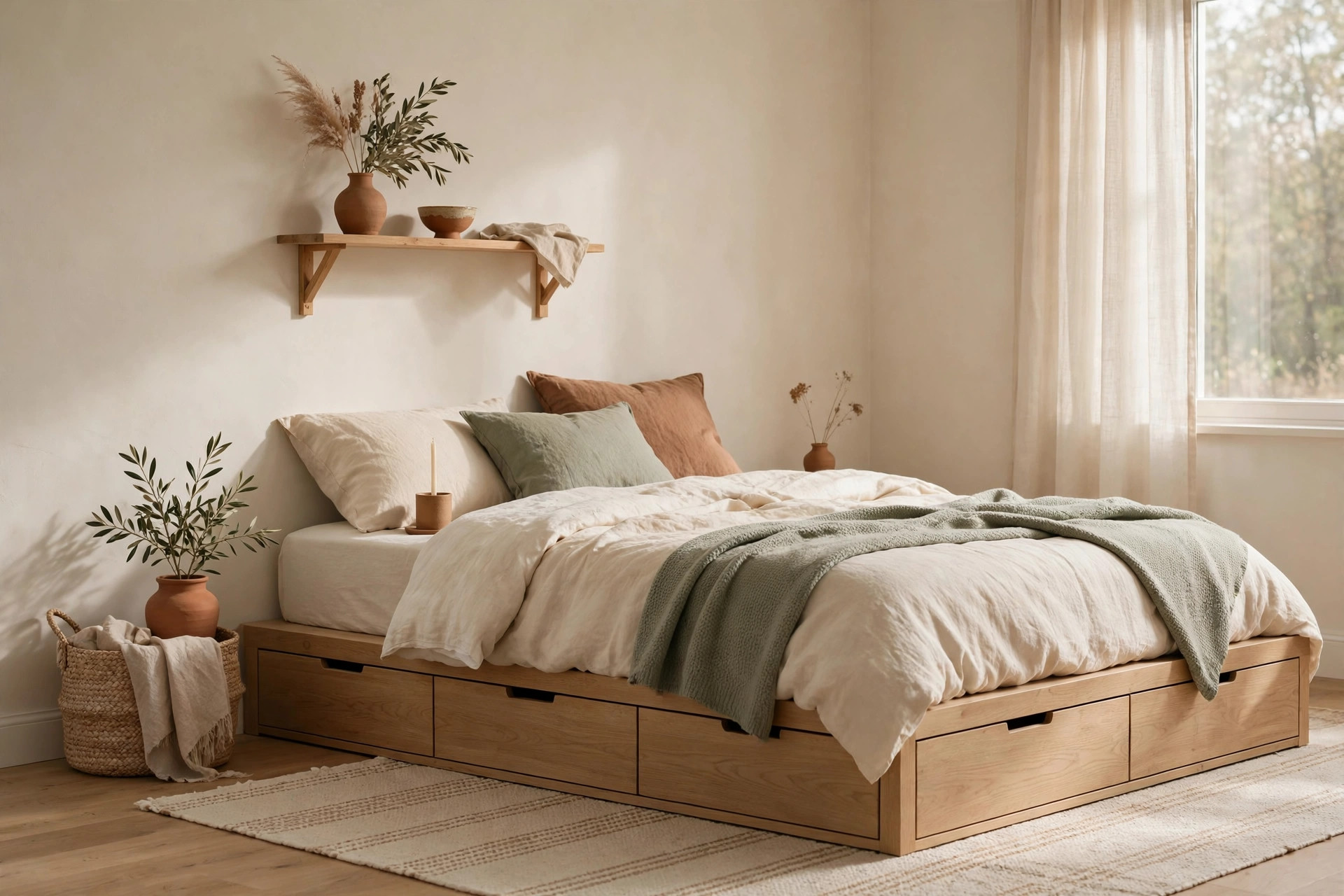 Studio sleep zone with under-bed storage drawers