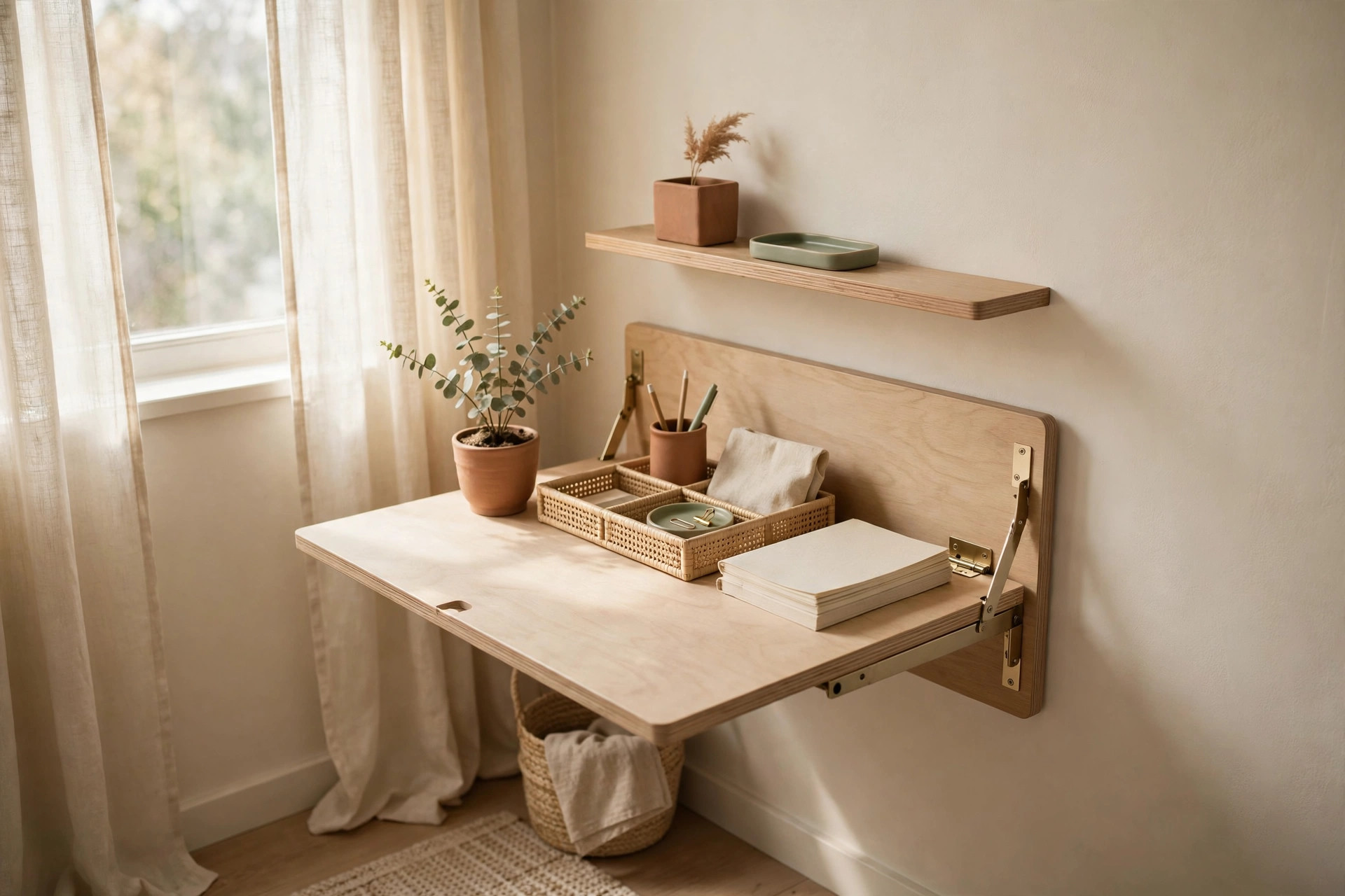 Compact fold-down desk workspace nook in a studio