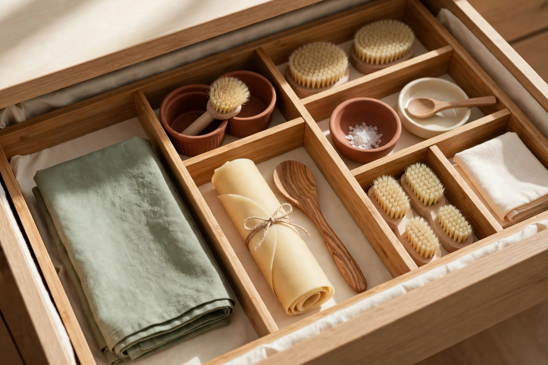 An organized kitchen drawer with matching food containers and lids stacked neatly
