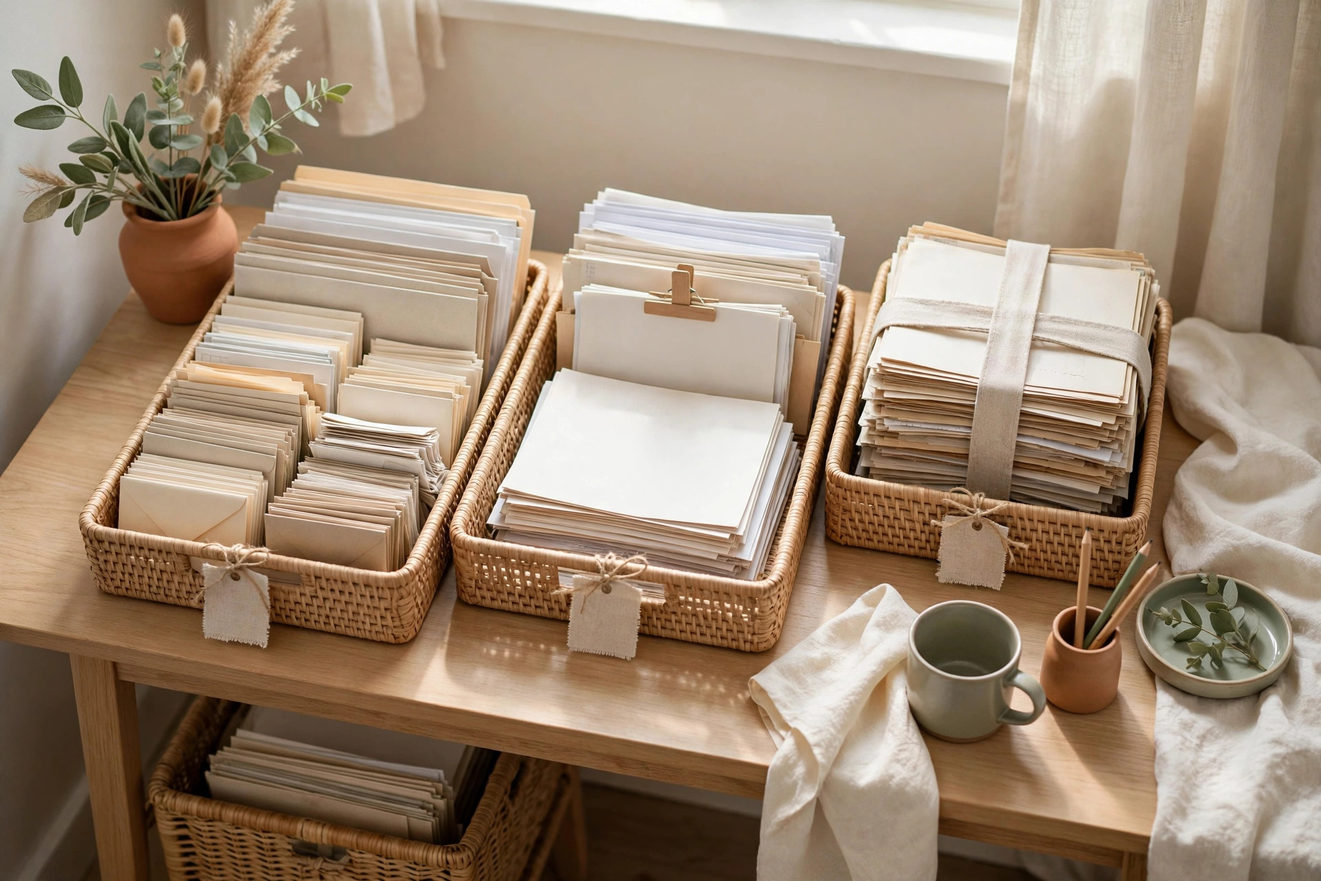 A tidy desk with sorted paper files and an inbox tray