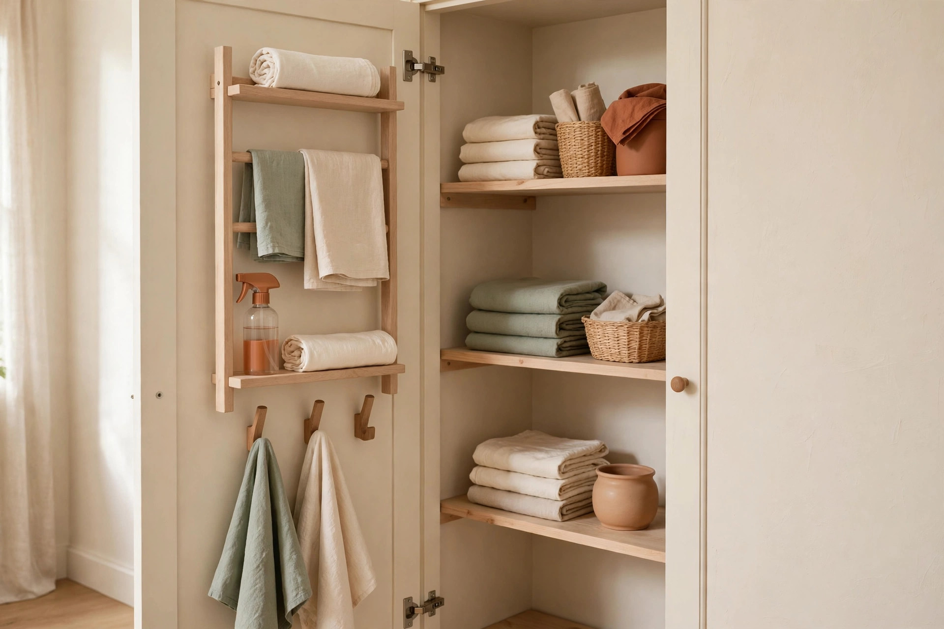 Labeled shelf zones inside a narrow linen closet: everyday, guest, seasonal