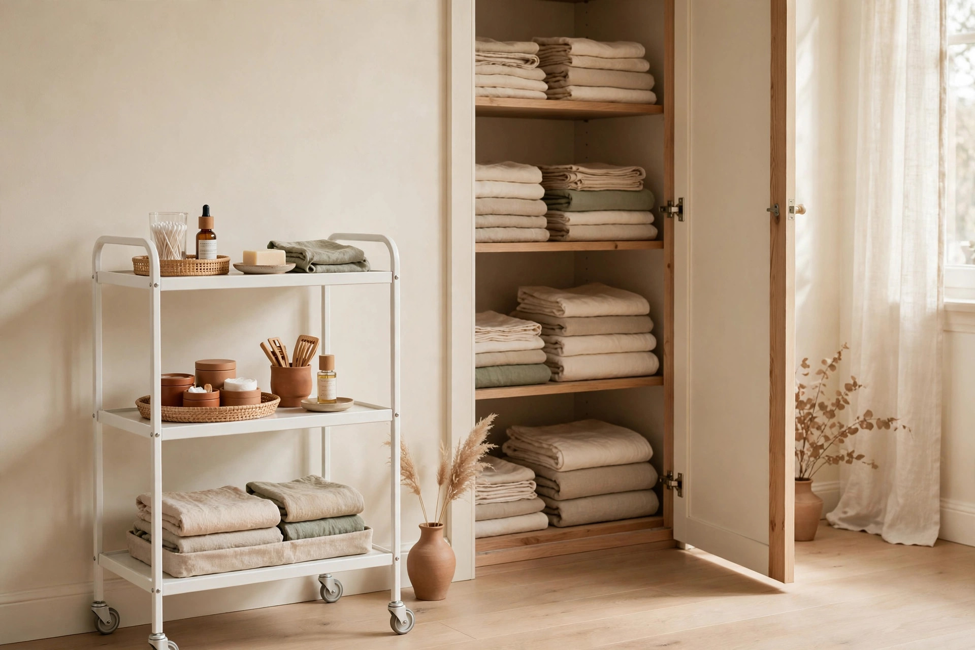 Slim rolling cart beside a narrow linen closet holding folded linens and supplies
