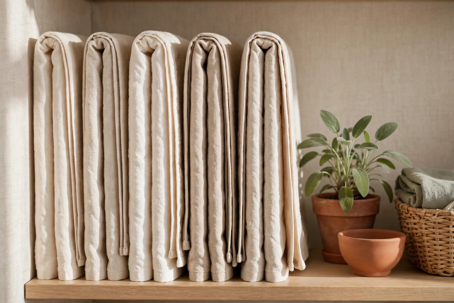 Hands file-folding white bath towels into uniform rectangles