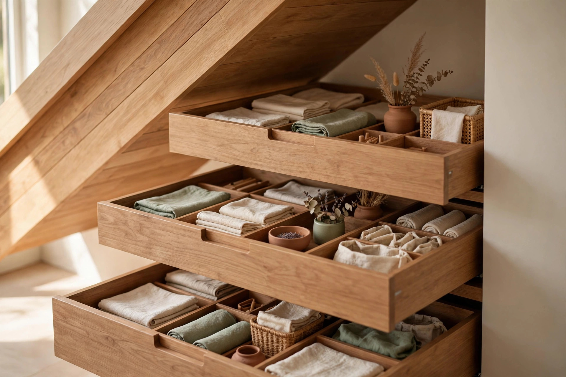 Deep pull-out drawers built under a staircase, storing games and household supplies in graduated drawer boxes