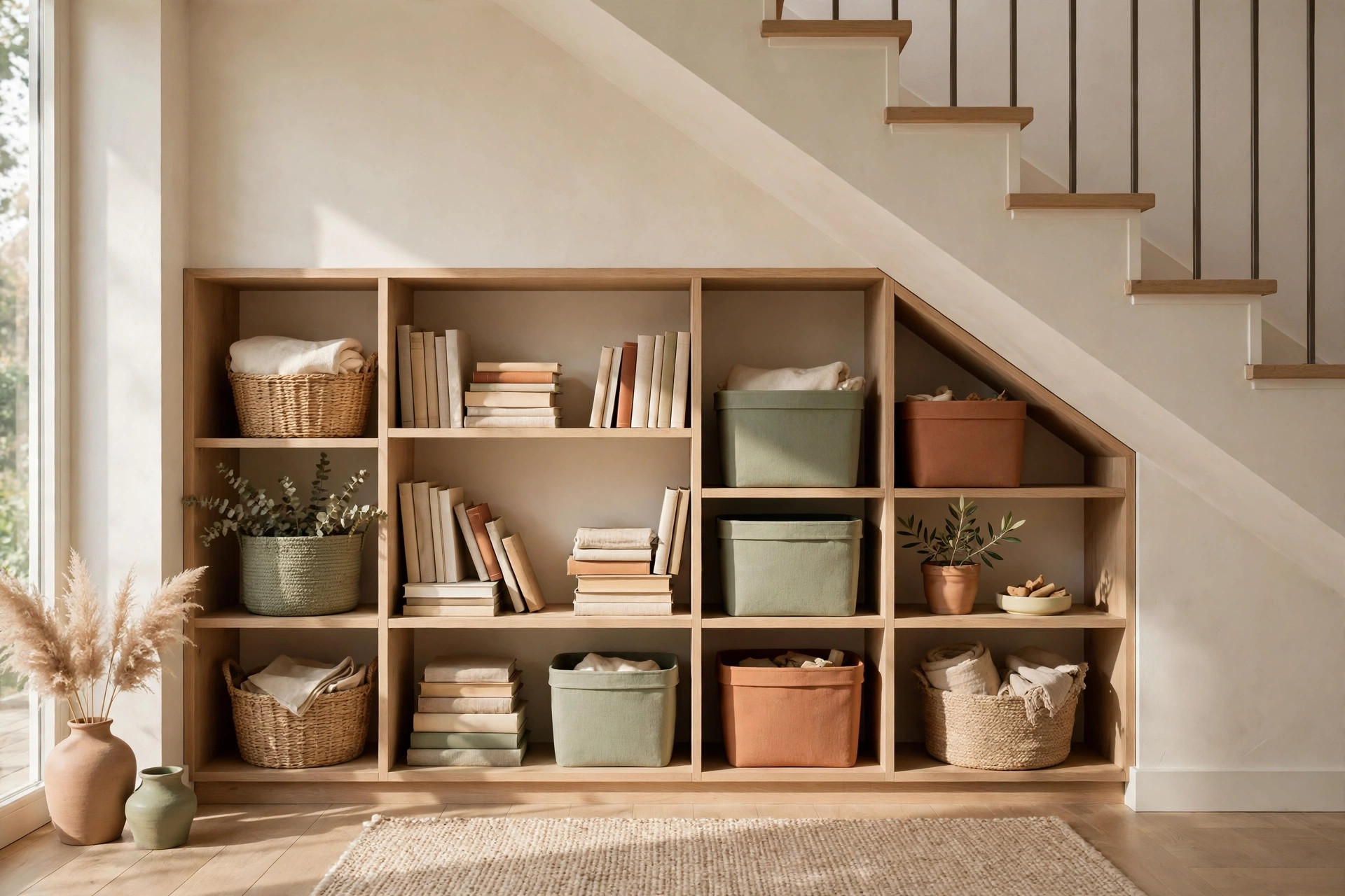 A cozy reading nook built into the tall end under a staircase, with cushions, a reading light, and small bookshelves