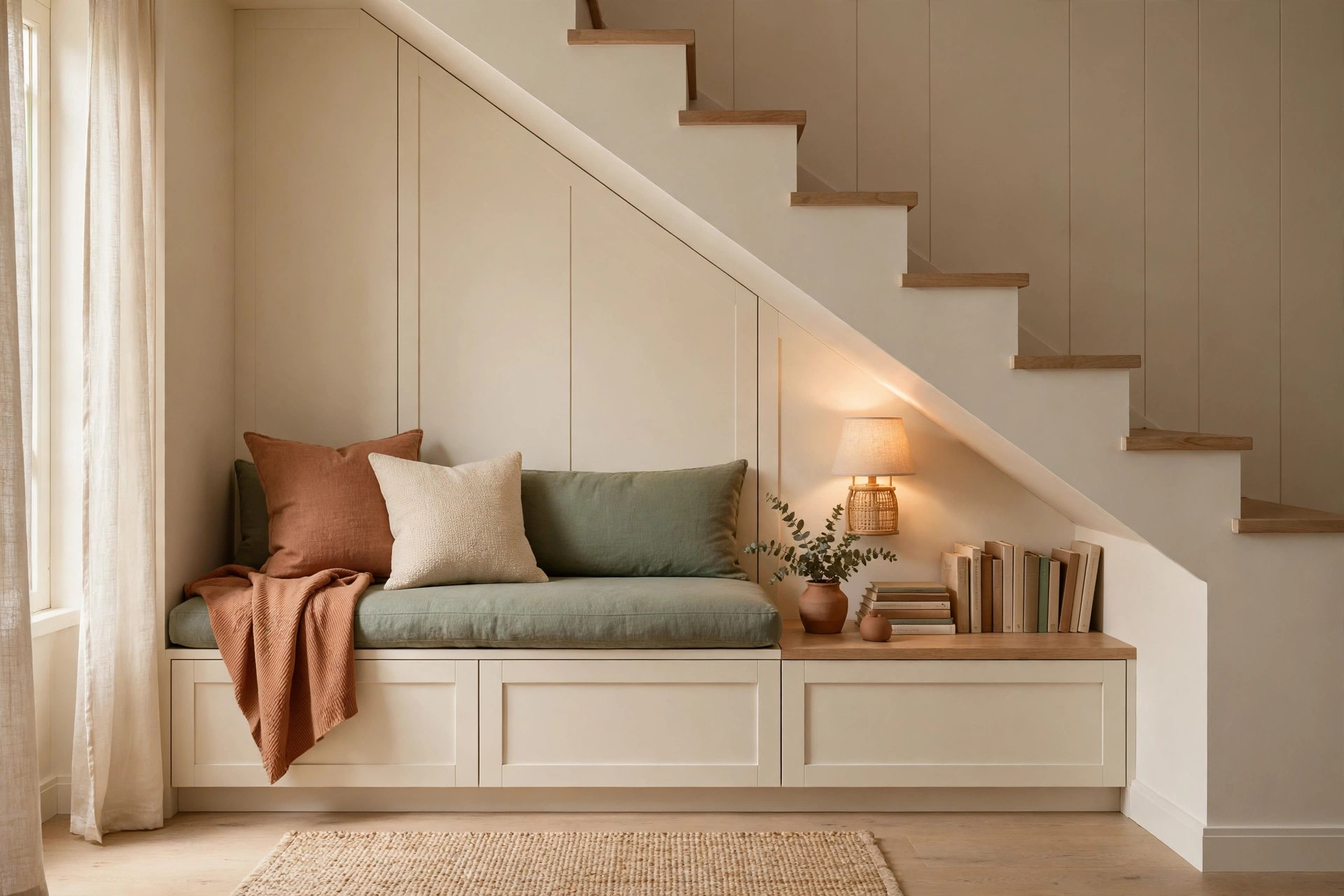 Warm LED strip lighting installed under a staircase, illuminating pull-out storage drawers and open shelves