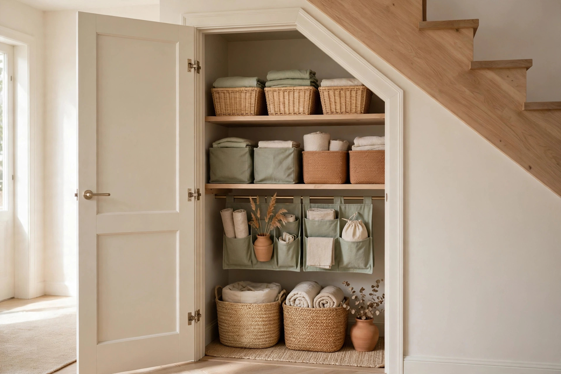 Closed storage bins with lids under a staircase, keeping dust out of seasonal items stored in the low wedge