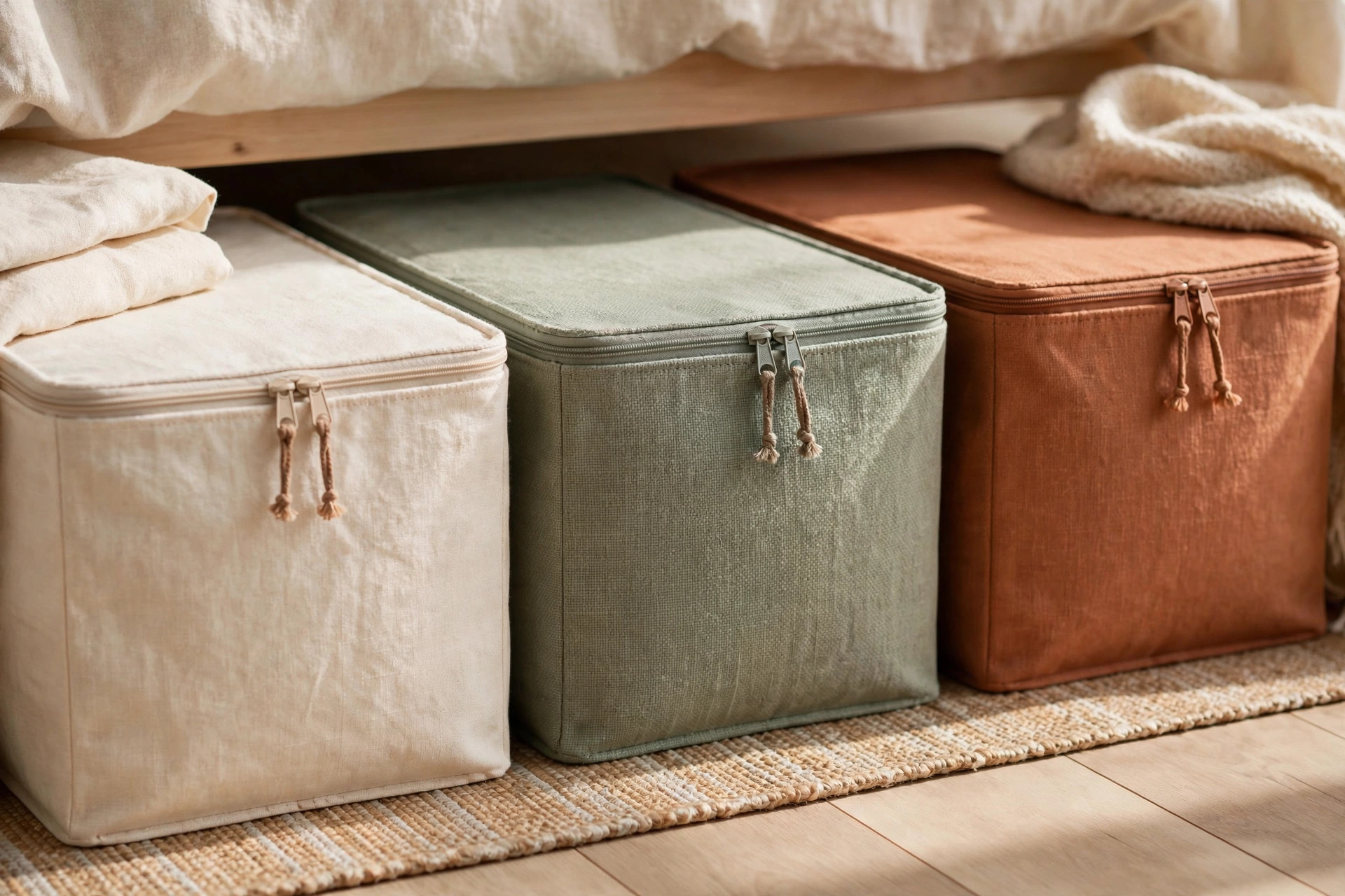 Labeled fabric under-bed storage boxes organized by category