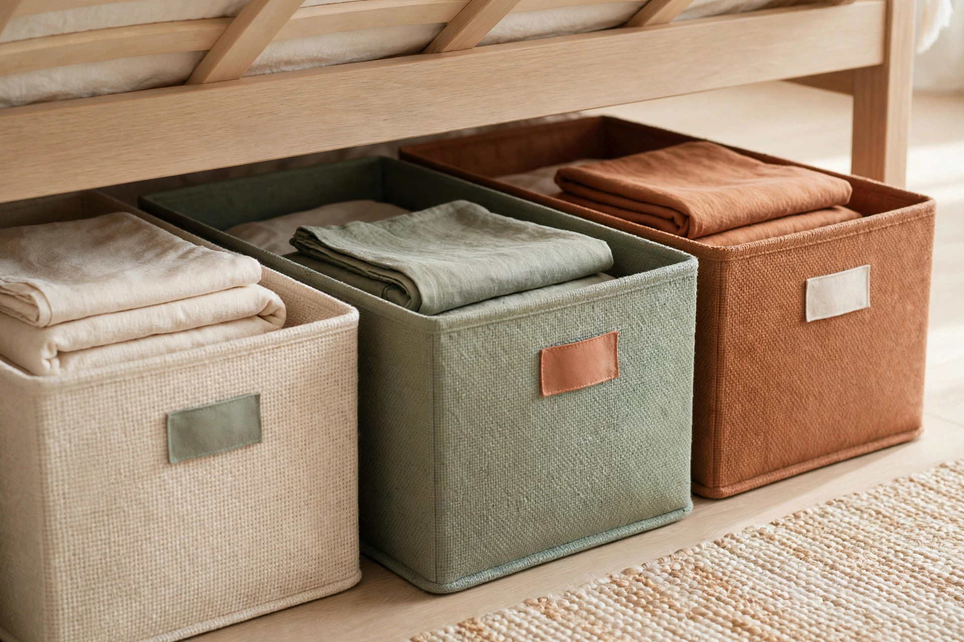 Labeled under-bed storage bins pulled halfway out