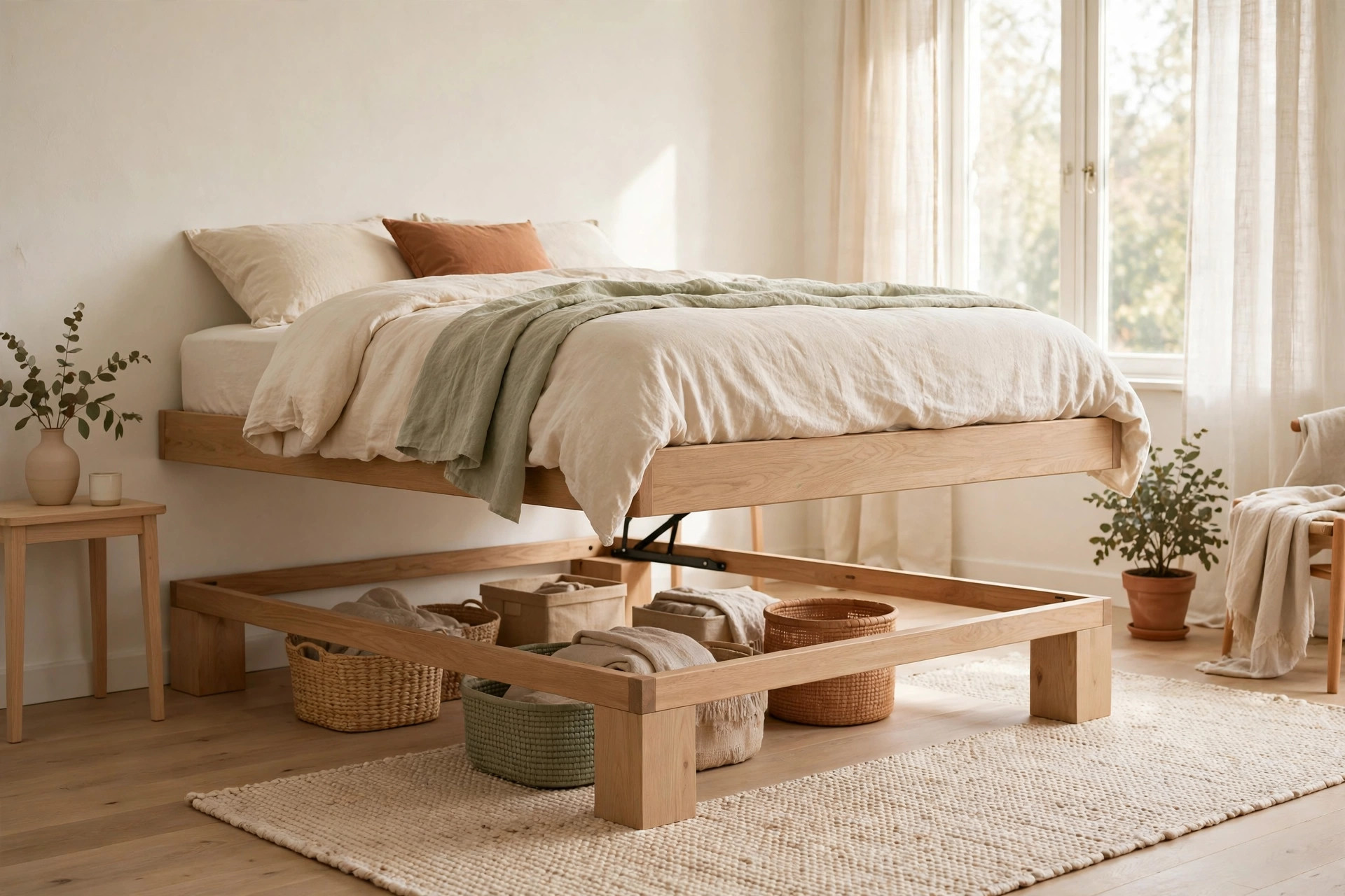 Bed risers creating storage space under a wooden bed frame