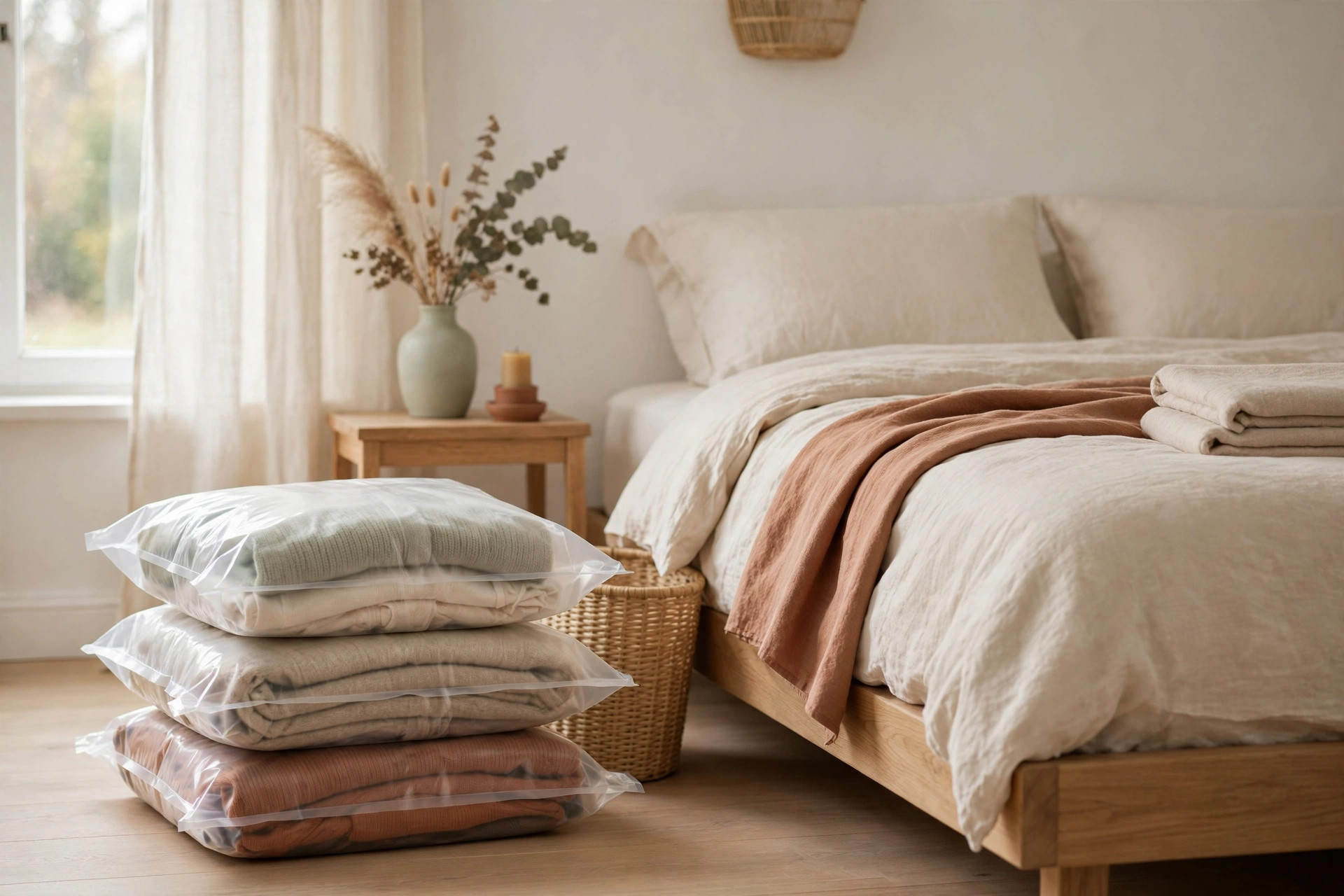 Vacuum storage bags with seasonal clothes compressed flat